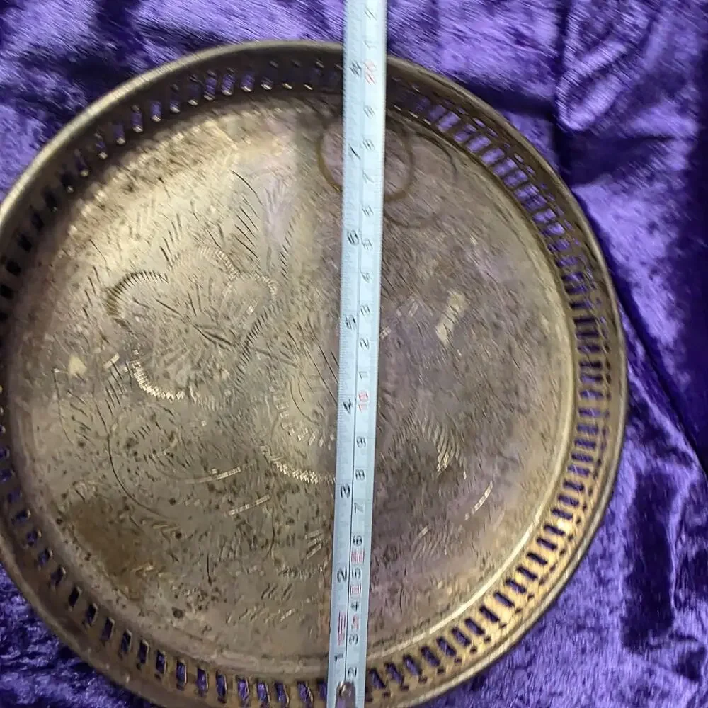 Vintage Pierced Brass Tray Etched Floral Round Vanity Tea Tray Rustic Boho